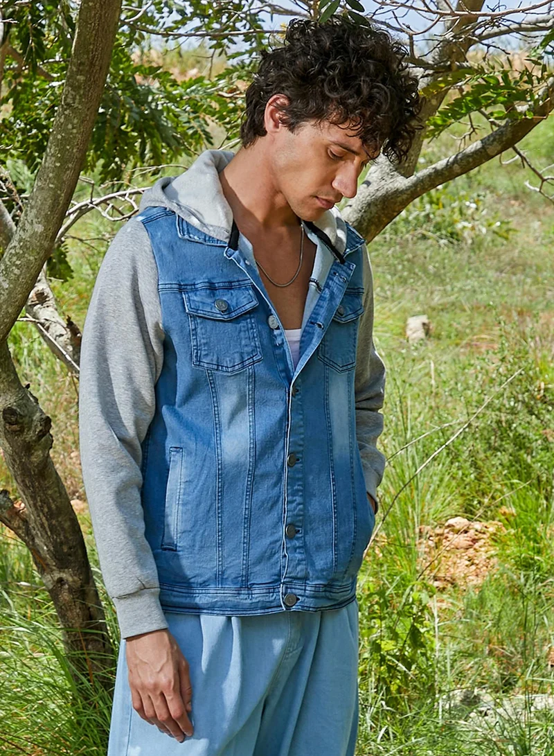 CAHOOT  Men's Blue & Grey Light-Wash Denim Jacket With Sweatshirt Sleeve For Casual Wear | Hooded Neck | Long Sleeve | Button Closure | Cotton Jacket Crafted With Comfort Fit For Everyday Wear for Men | Best Price UAE
